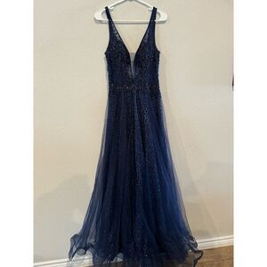 GB‎ Glitter Tulle A-Line Formal Dress Deep V-Neck Evening Gown Size 13 Navy Blue